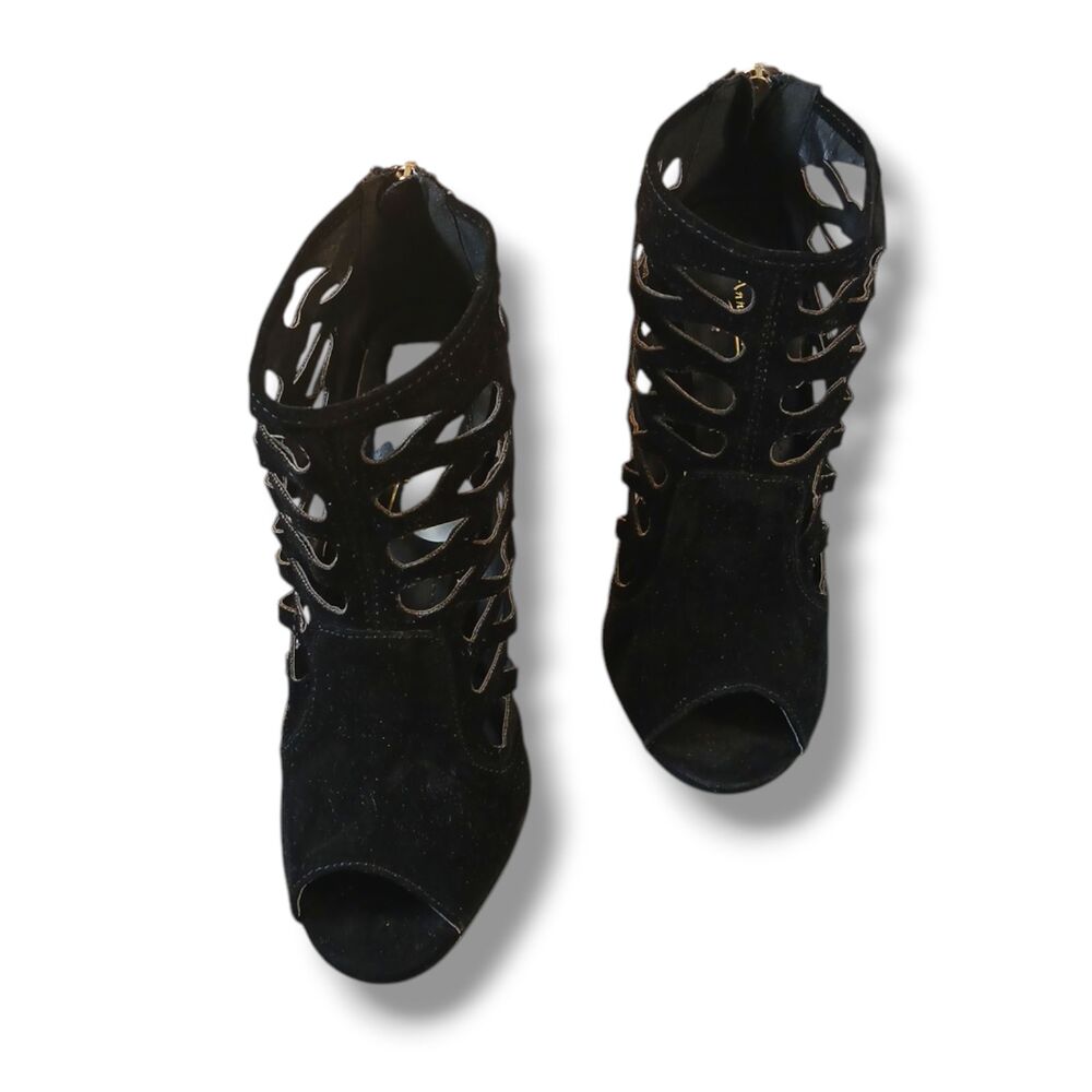 Anne Michelle Bootie Size 8 Black Suede Cutout Stiletto Heel Peep Toe Zip